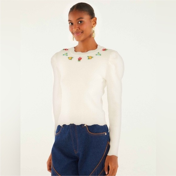 FARM Rio Sweaters - Farm Rio: Off-White Flower Embroidery Knit Top